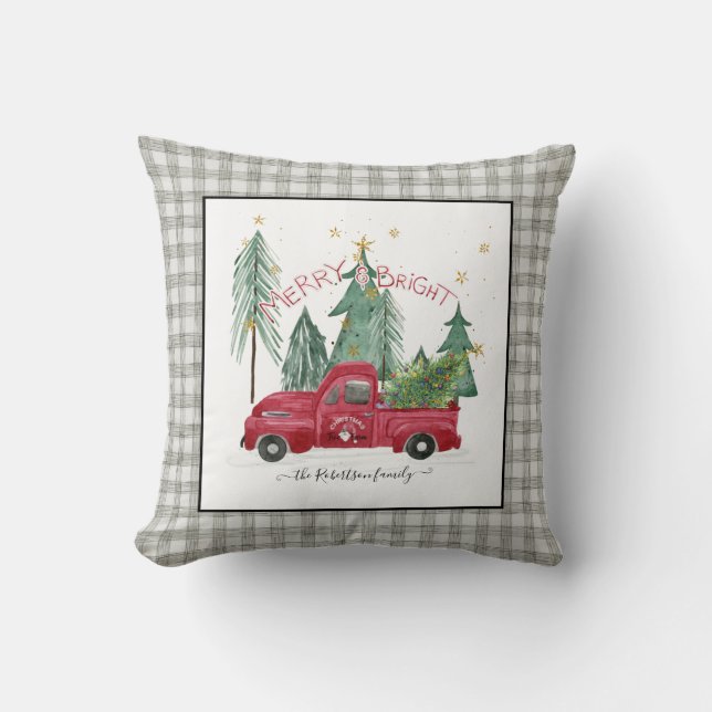 Red Truck Gray Gingham Buffalo Karo Bauernhof Kissen (Vorderseite)