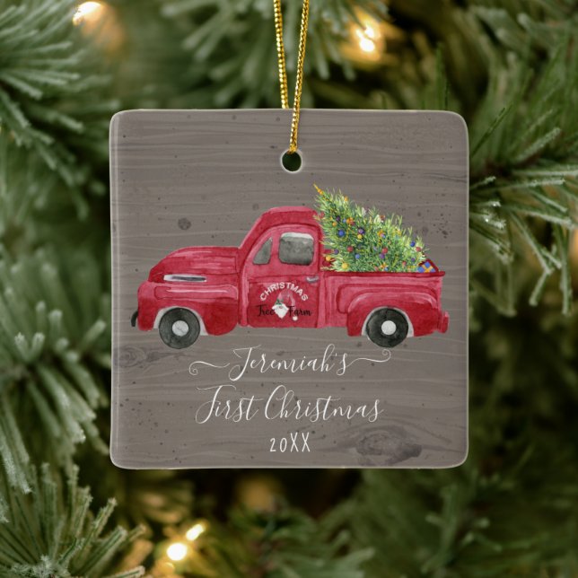 Red Truck Gray Wood Baby1st Christmas Tree Foto Keramikornament (Baum)