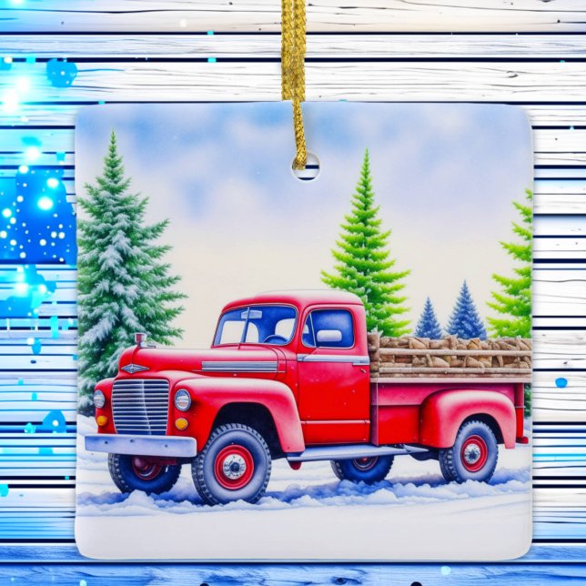 Red Truck Hauling Feuerwood Personalisiert Weihnac Keramikornament (Von Creator hochgeladen)