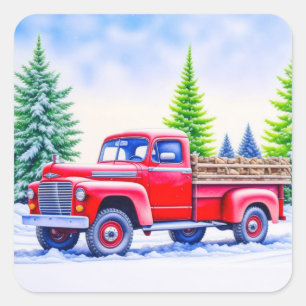 Red Truck Hauling Feuerwood Weihnachten Quadratischer Aufkleber