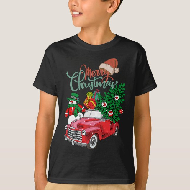 Red Truck Lieferwagen Weihnachtsbaum Frohe Weihnac T-Shirt (Vorderseite)