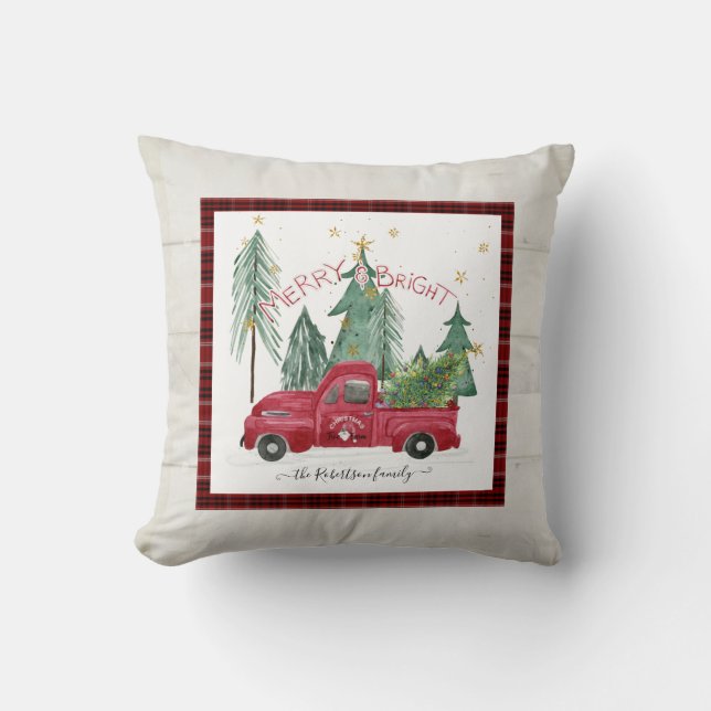 Red Truck Merry Bright Kariert Gnome Bauernhof Hol Kissen (Vorderseite)