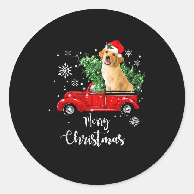 Red Truck Merry Christmas Tree Golden Retriever Ch Runder Aufkleber (Vorderseite)