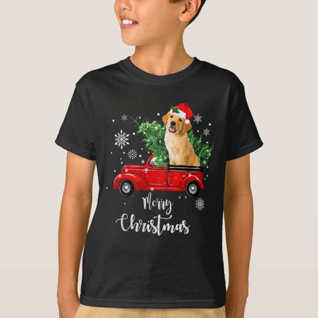 Red Truck Merry Christmas Tree Golden Retriever Ch T-Shirt (Vorderseite)