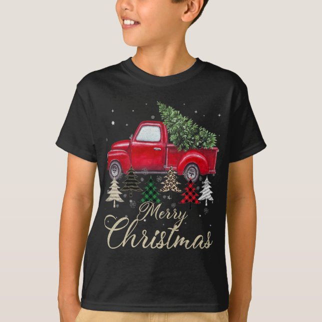 Red Truck mit Buffalo Kariert und Leopard Weihnach T-Shirt (Vorderseite)