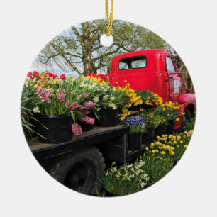 Red Truck mit Frühlingsblumen & Regenbogen Keramik Ornament