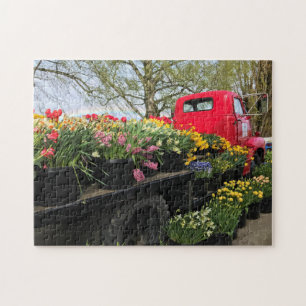Red Truck mit Frühlingsblumen & Regenbogen Puzzle