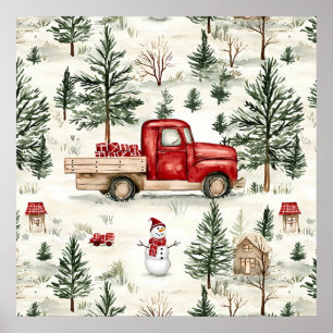 Red Truck mit Geschenken und Schneemann Poster
