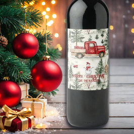 Red Truck mit Geschenken und Schneemann Weinetikett
