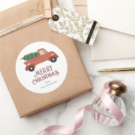 Red Truck mit Weihnachtsbaum Moderne Weihnachten Runder Aufkleber