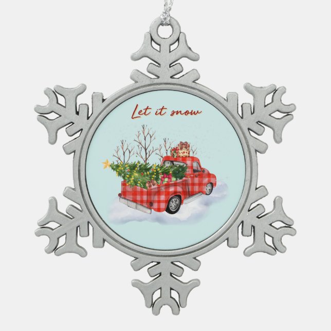 Red Truck mit Weihnachtsbaum Schneeflocken Zinn-Ornament (Vorderseite)