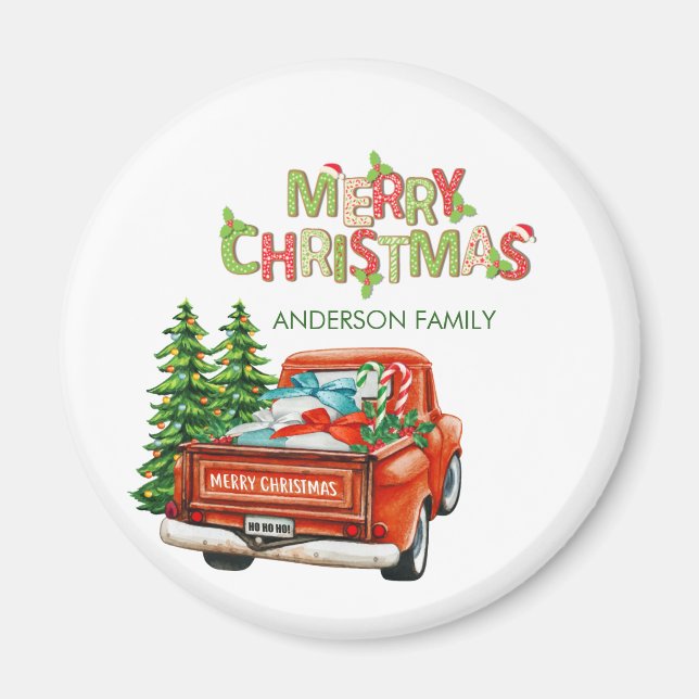 Red Truck Pine Tree Frohe Weihnachten Magnet (Vorne)