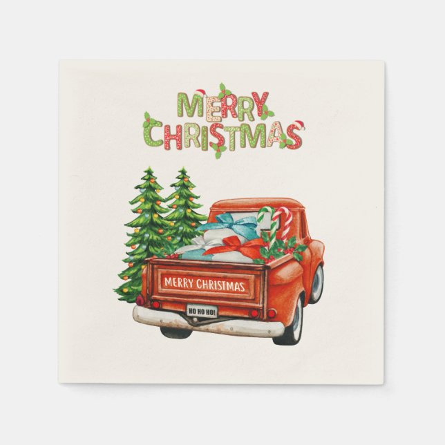 Red Truck Pine Tree Frohe Weihnachten Serviette (Vorderseite)