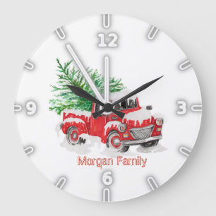 Red Truck Pine Tree Snow Christmas  Große Wanduhr