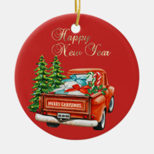 Red Truck Pine Tree Weihnachten Keramik Ornament