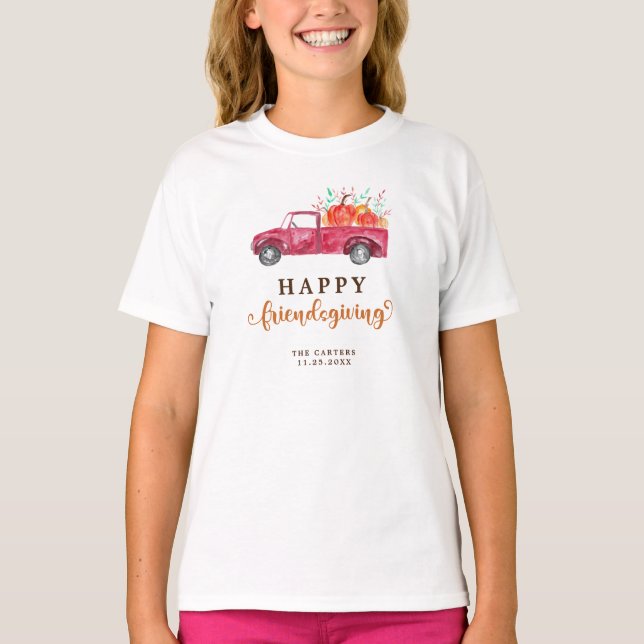 Red Truck Pumpkin Friendsgiving Fallskript Niedlic T-Shirt (Vorderseite)