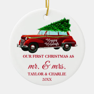 Red Truck Red Brush Script Erste Weihnachtsfeier Keramik Ornament