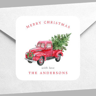 Red Truck Retro Weihnachten Quadratischer Aufkleber