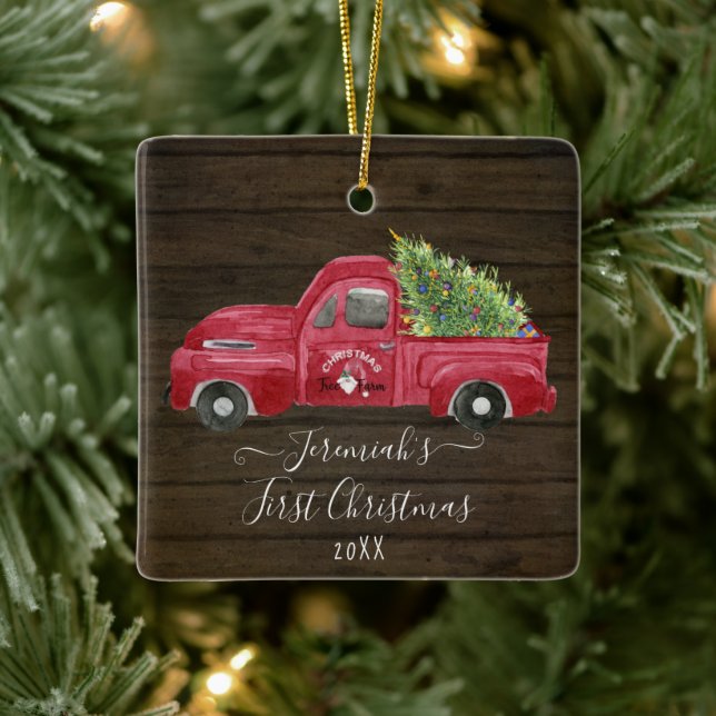 Red Truck Rustic Wood Baby Weihnachtsbaum Foto Keramikornament