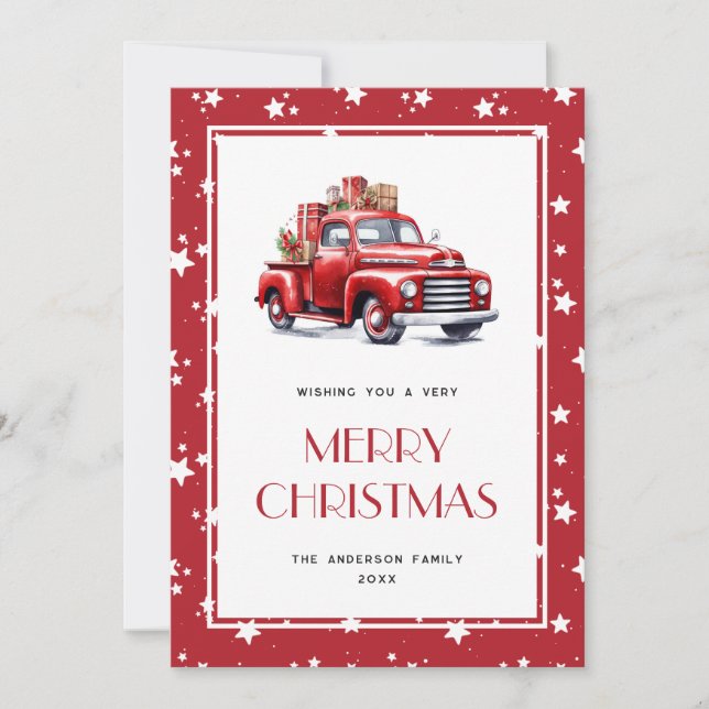 Red Truck Snow Stars Frohe Weihnachtskarten Feiertagskarte (Vorderseite)
