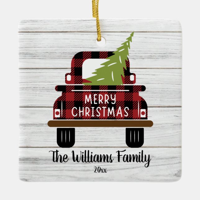 Red Truck Tree Buffalo Karierter Urlaub Keramikornament (Vorderseite)