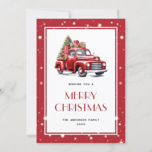 Red Truck Tree Snow Stars Frohe Weihnachtskarte Feiertagskarte