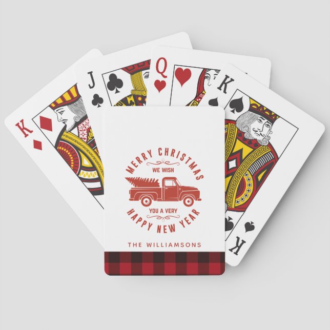 Red Truck und Baumfamilie Name Weihnachten Spielkarten (Rückseite)