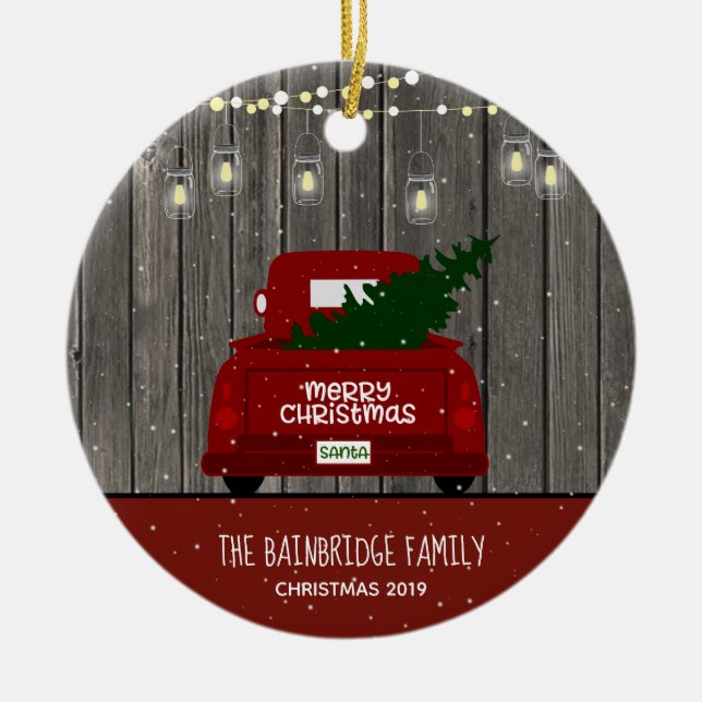 Red Truck und Mason Jar Lights Familienname Holida Keramik Ornament (Vorne)