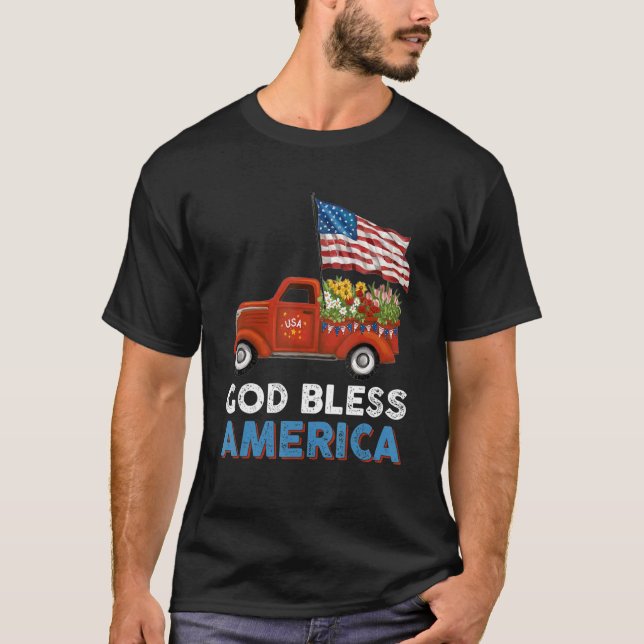 Red Truck Usa Flag Blume Gott segne Amerika 4 O T-Shirt (Vorderseite)