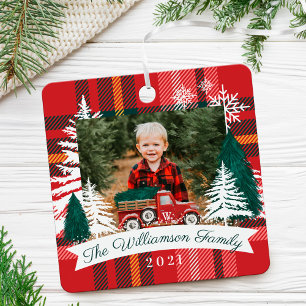Red Truck Weihnachtsbaum Delivery Red Kariertes Fo Ornament Aus Metall