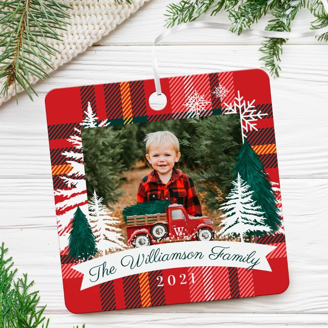 Red Truck Weihnachtsbaum Delivery Red Kariertes Fo Ornament Aus Metall (Red Truck Christmas Tree Delivery Red Plaid Photo Metal Ornament)