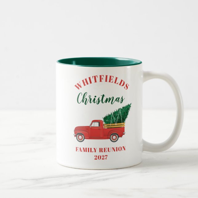 Red Truck Weihnachtsfamilie Wiedersehen Custom Zweifarbige Tasse (Rechts)