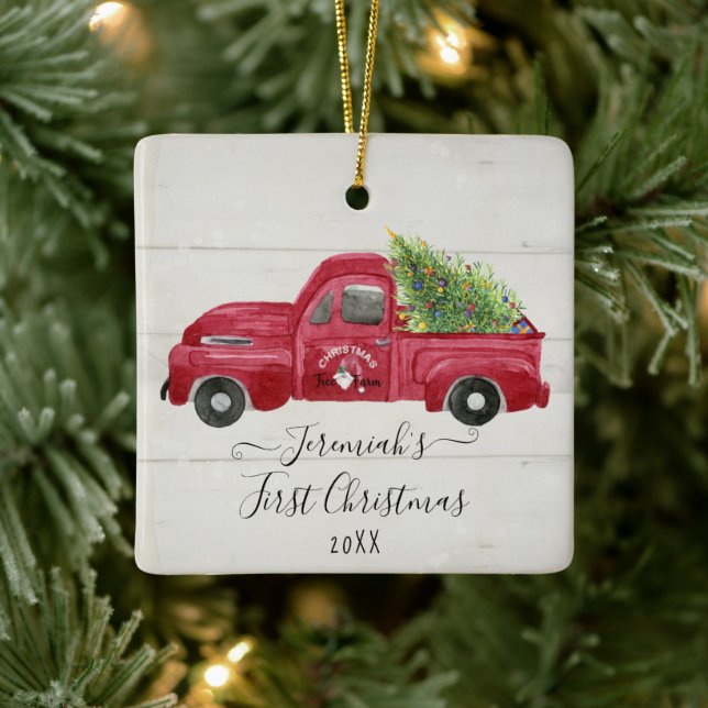 Red Truck White Wood Baby1st Weihnachtsbaum Foto Keramikornament (Baum)