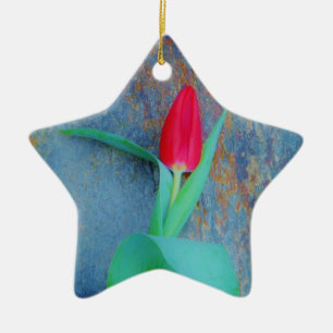Red Tulip auf Blue Gray Slate Keramik Ornament
