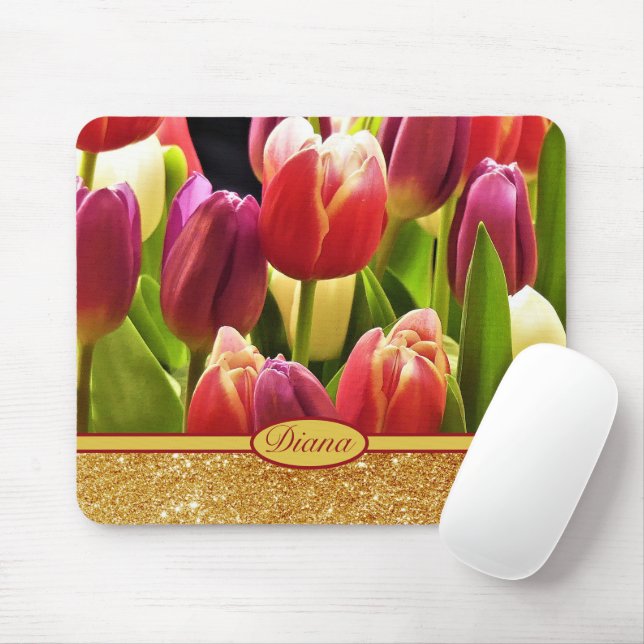 Red Tulip Blume Gold Glitzern Blumenname Mousepad (Mit Mouse)
