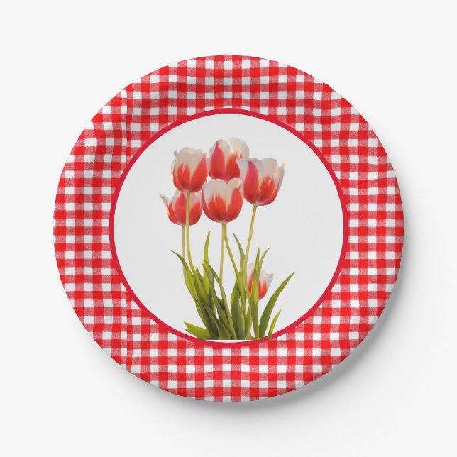 Red Tulip mit Gingham Pappteller (Vorderseite)