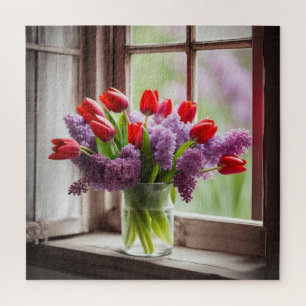 Red Tulip und Lilac Bouquet Puzzle
