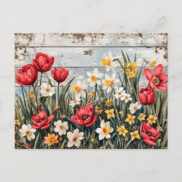 Red Tulips and Daffofils on Blue Wood Postkarte