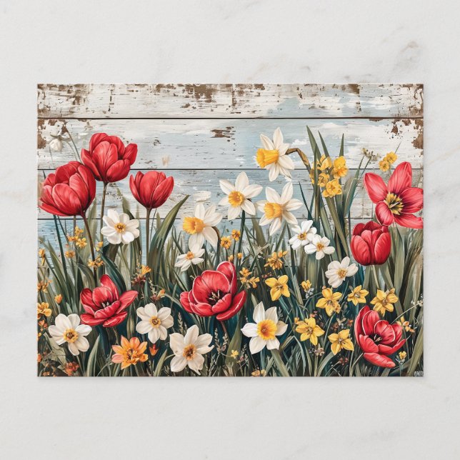Red Tulips and Daffofils on Blue Wood Postkarte (Vorderseite)