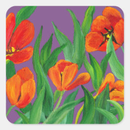 Red Tulips auf Lila Quadratischer Aufkleber