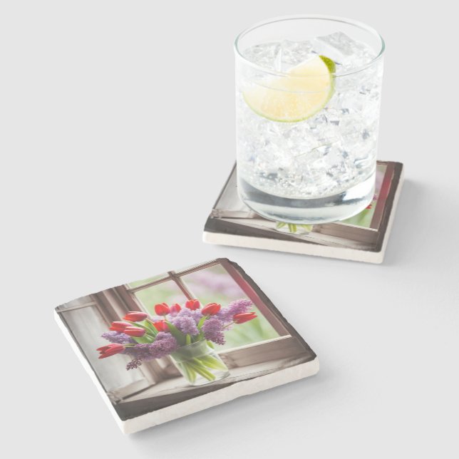 Red Tulips und Lilac Bouquet Steinuntersetzer (Seitenansicht)