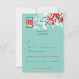 Red & Turquoise Bamboo Blätter Chinesischer Hochze RSVP Karte