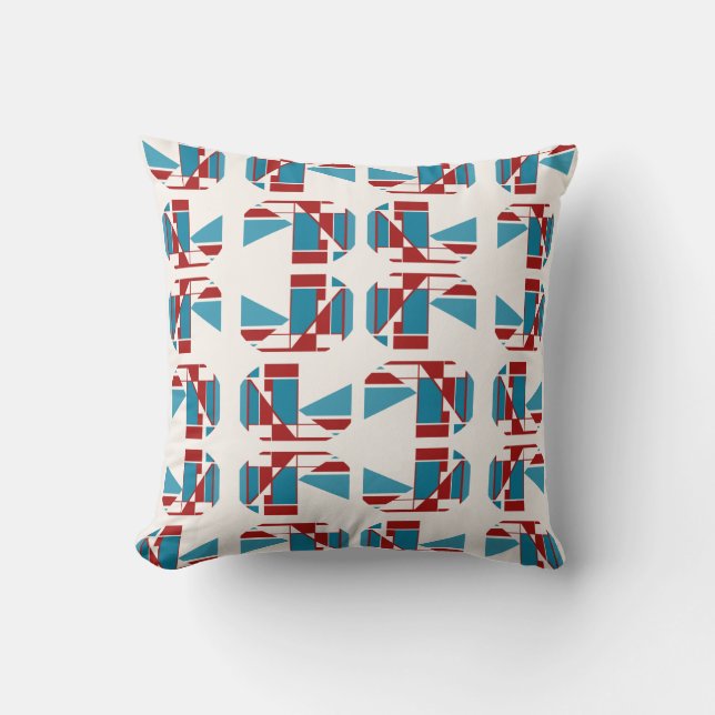 Red Turquoise Blue Boxes in Rows Geometric Design Kissen (Vorderseite)