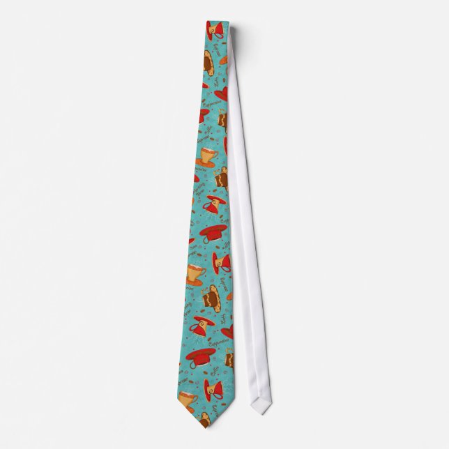 Red & Turquoise Coffee Cup Muster Mann's Neck Tie Krawatte (Vorderseite)
