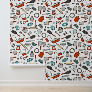 Red Turquoise Hand Drawn Cooking Utensic Küche Tapete