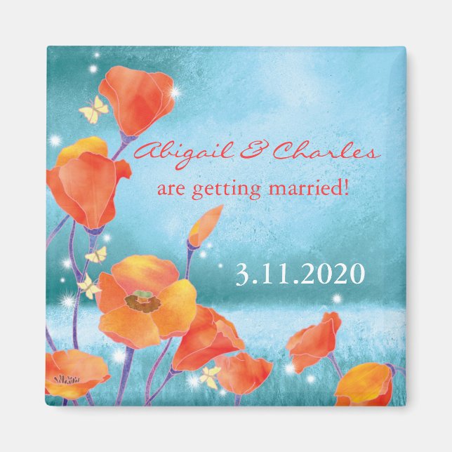 Red Turquoise Poppy Wedding Save the Date Magnet (Vorne)