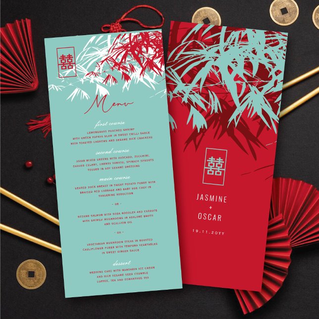 Red & Turquoise Zen Bamboo Blätter Chinesische Hoc Menükarte (Red & Turquoise Zen Bamboo Leaves Chinese Wedding Menu @ fatfatin_red_knot)