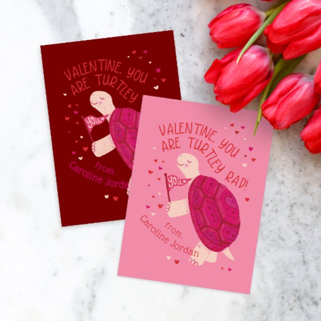 Red Turtle y Krass School Klassenzimmer Kid Valent Mitteilungskarte (Rad Turtle themed classroom valentine cards in pink or red)