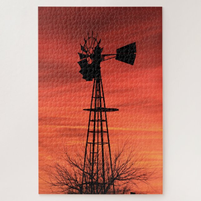 Red Twilight Kansas Sunset Windmill Silhouette Puzzle (Vertikal)