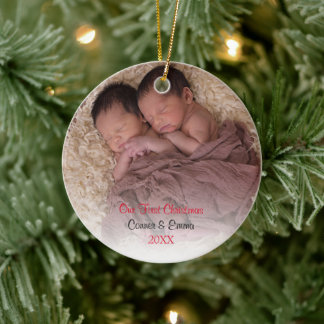 Red Twins Baby's First Christmas Foto Keramik Ornament